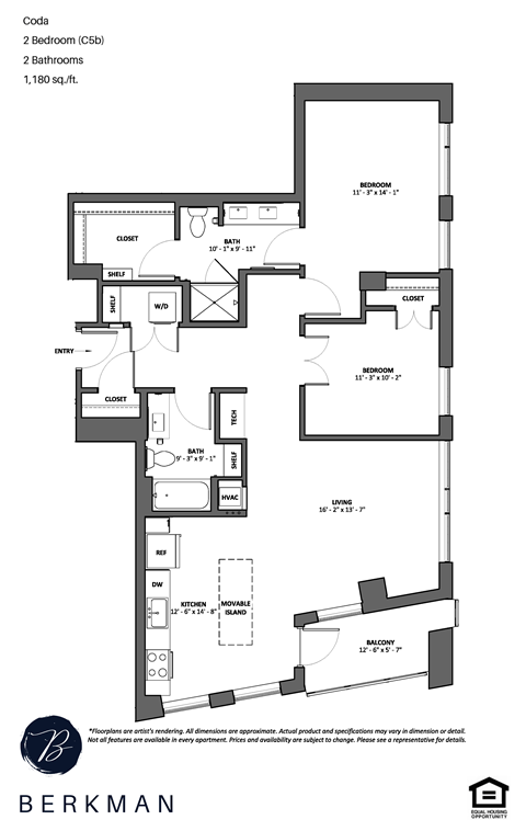 Floor plan for 2 beds, 2 baths, 1180 sqft